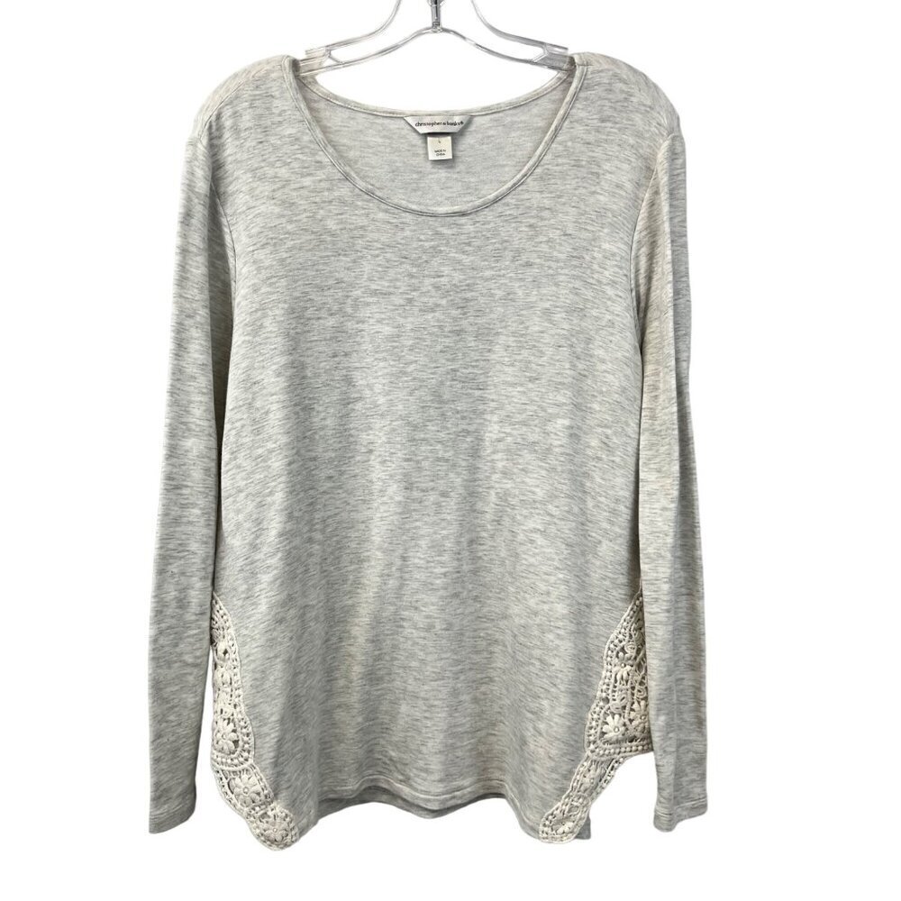 Christopher & Banks Womens Round Kneck Top Heather Gray/Ivory Lace Trim Large - Picture 1 of 9